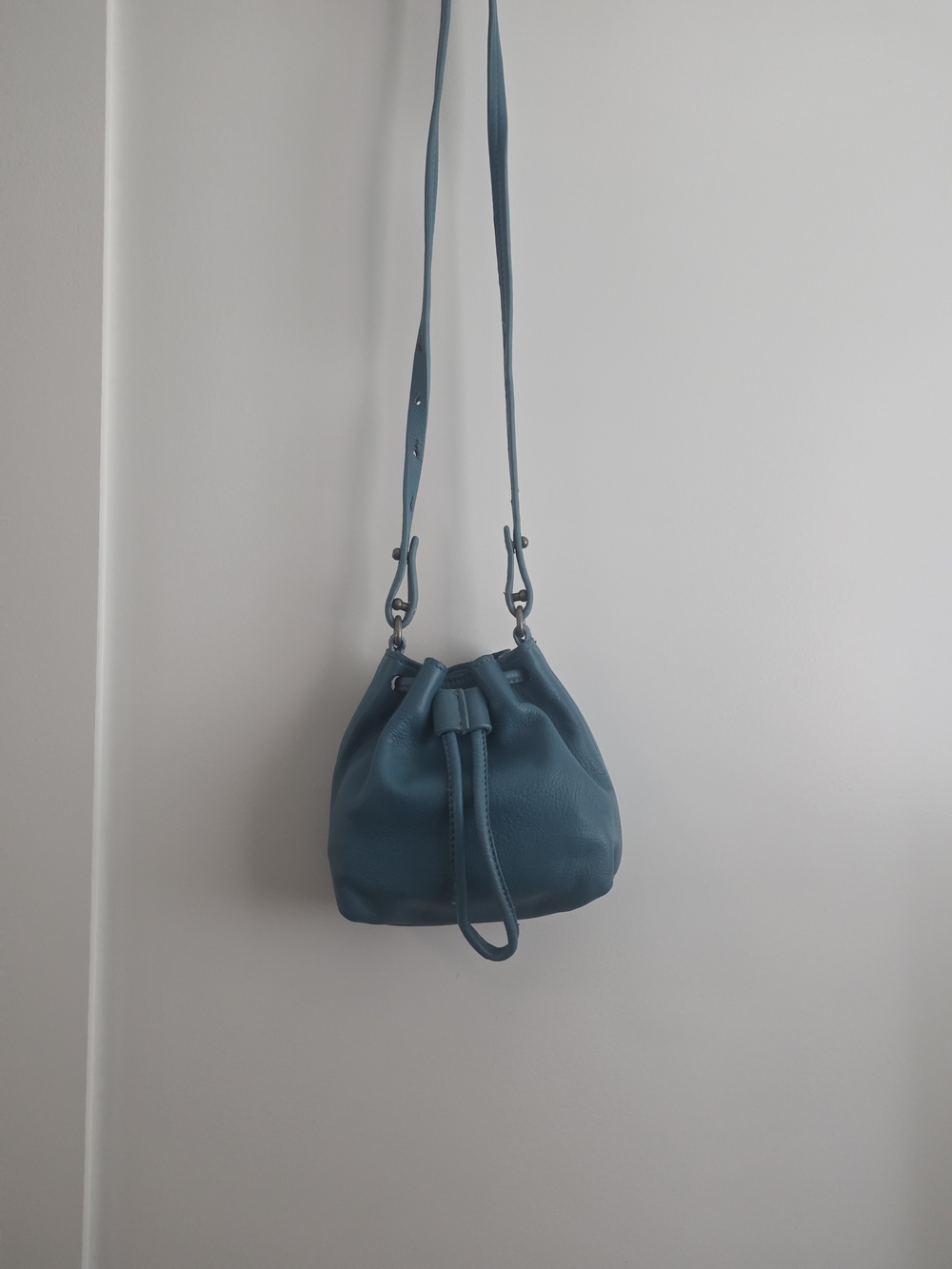 Free People Teal  Leather  Mini Drawstring Crossbody Bag.